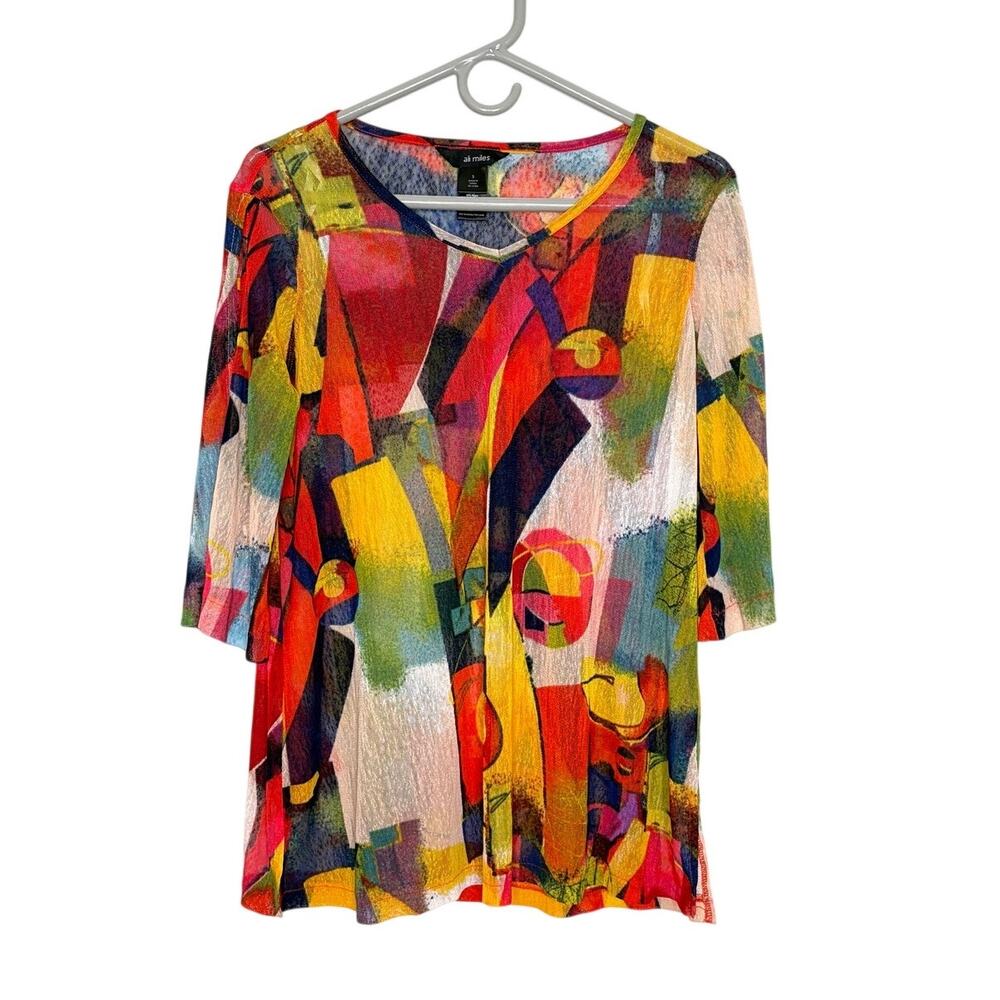 Ali Miles Multicolor Printed Mesh Tunic Top Sz S Art to Wear Colorful Boho Chic
